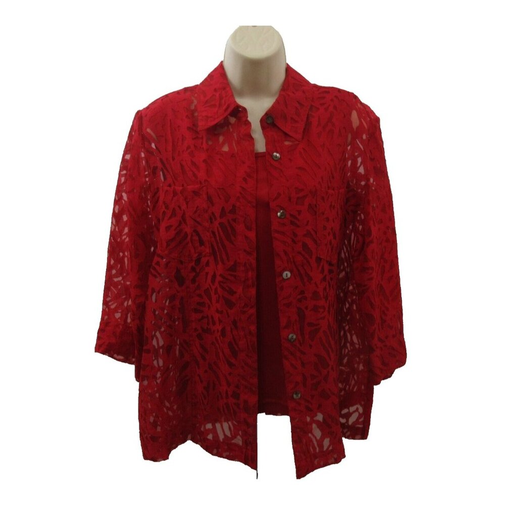 VTG White Stag 2-pc Semi Sheer Button Front Blouse w/Tank Large 12-14 Red Career